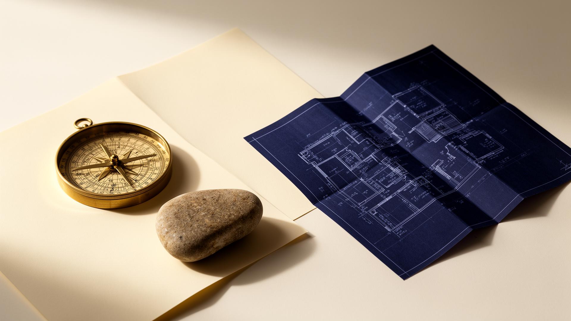 Brass luopan compass and indigo blueprint