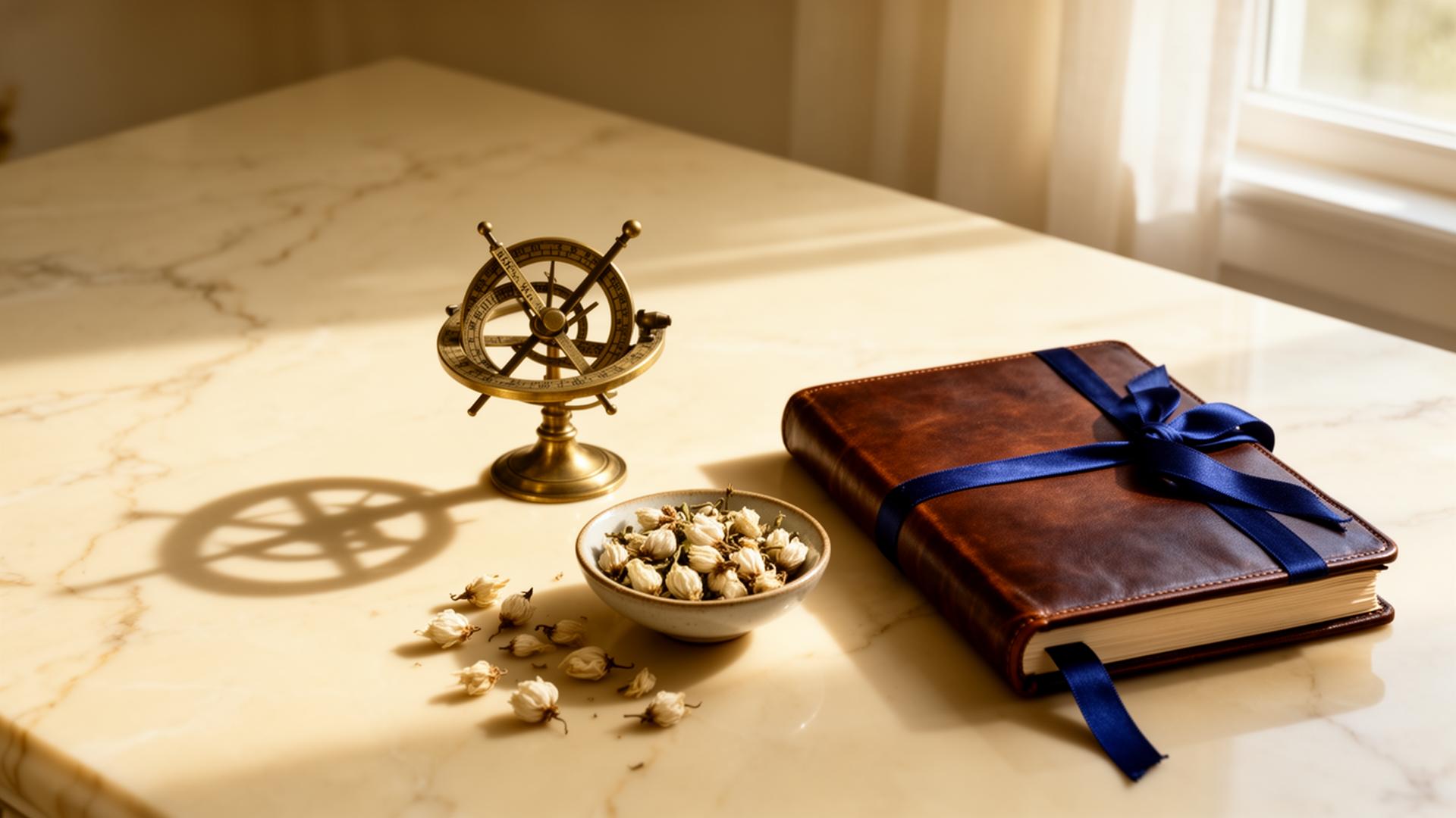 Brass armillary, leather journal with indigo ribbon, and dried jasmine on cream marble
